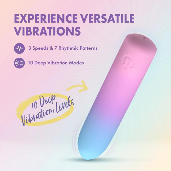 The Play With Me Berry Burst Soft Flexible Bullet Vibrator, made from body-safe silicone in pink and blue, is shown with text: "Experience versatile vibrations," "3 speeds & 7 rhythmic patterns," and "10 deep vibration modes.