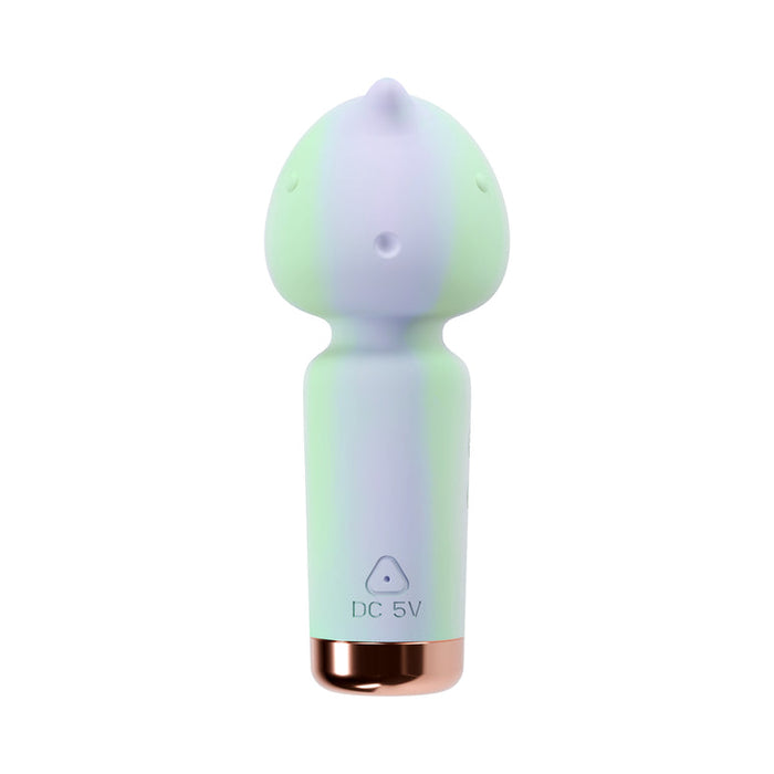 The Unicorn Dreams Mini Wand – Magical Pleasure Awaits features a pastel mushroom shape, body-safe silicone, smooth finish, metallic base, and "DC 5V" charging port—seamlessly uniting style and comfort for enchanting pleasure.