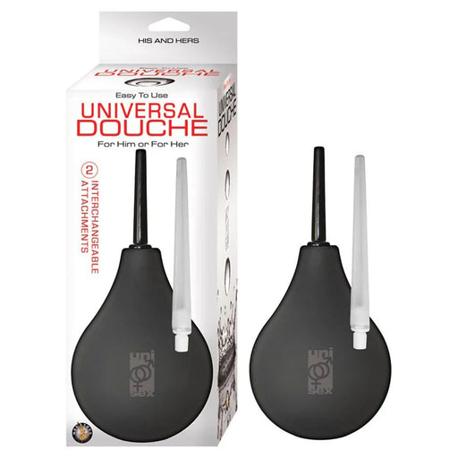 The image depicts a boxed product labeled "Universal Easy to Use Anal Douche with Silicone Bulb- Black" by Nasstoys, featuring the tagline "For Him or For Her." The packaging emphasizes "10 Interchangeable Attachments." Included are two silicone bulb douches with white and black nozzles, positioned next to the box.