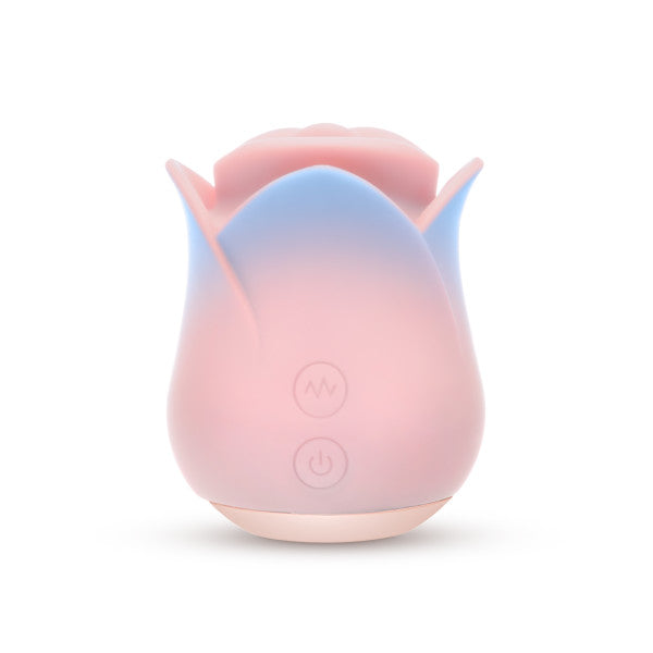 The Kissing Rose Vibrator with Tongue and Lips, in pink and blue body-safe silicone, features a rosebud shape with two circular front buttons and a petal-like top, displayed against a white background.