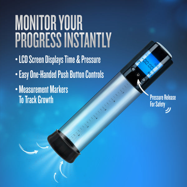 The Performance VX10 Automatic Penis Pump with Smart Pressure Control features an LCD screen for time and pressure, measurement markers, push button controls, a safety release, and is designed to help improve sexual performance.