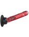 A red, translucent, phallic-shaped adult toy with a textured surface and a sturdy black suction cup base, displayed at an angle: the Vac-U-Lock Deluxe 360° Swivel Suction Cup Plug by Doc Johnson.