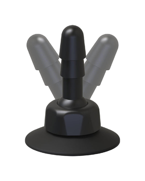 A black Vac-U-Lock Deluxe 360° Swivel Suction Cup Plug by Doc Johnson with three adjustable arms radiating from a central base. Featuring rotating ball joints, the arms allow for customizable positioning of the device. The holder has a secure suction cup base for reliable mounting.