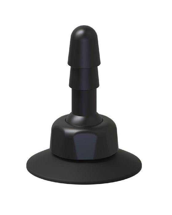A black rubber suction cup with a flat, round base and a short cylindrical stem topped with a wider, rounded tip. The overall shape is simple and functional, designed for secure attachment to smooth surfaces for hands-free use, compatible with Vac-U-Lock systems. This Doc Johnson Vac-U-Lock Deluxe 360° Swivel Suction Cup Plug ensures stability and versatility in your experience.
