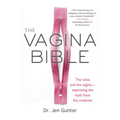 The image is a book cover for "The Vagina Bible" by Dr. Jen Gunter. The design features a pink zipper partially unzipped against a white background, with the title of the Penguin.