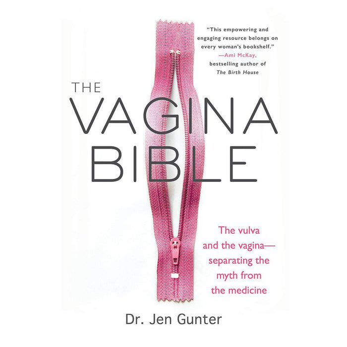 The image is a book cover for "The Vagina Bible" by Dr. Jen Gunter. The design features a pink zipper partially unzipped against a white background, with the title of the Penguin.