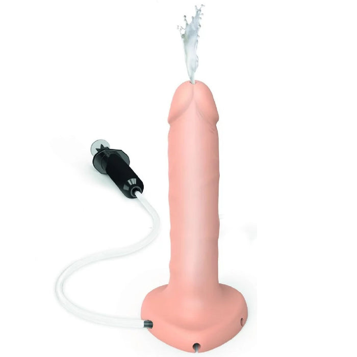 The Strap-On-Me Realistic 7.5 Inch Silicone Squirting Dildo - Vanilla features a suction base, black hand pump, and tube for realistic liquid ejaculation. Made from ultra-soft silicone, it delivers a lifelike experience.