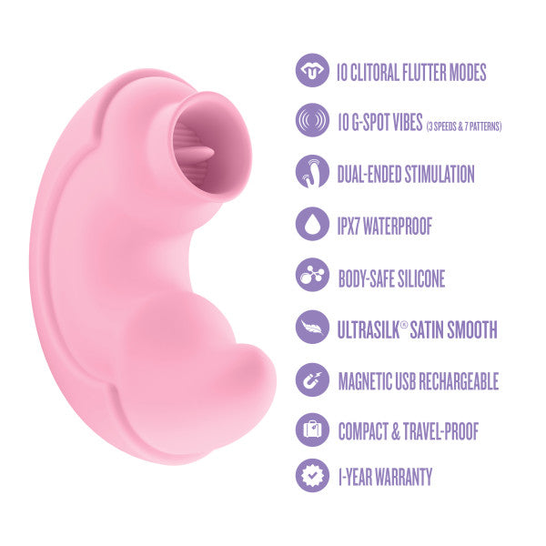 On the left is the Pout & Play Double Ended Vibrator with Licking Tongue. On the right, icons and text highlight: 10 flutter modes, 10 G-spot vibes, dual-ended use, waterproof, body-safe silicone, USB rechargeable, and more.