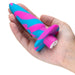 A hand is holding the Blush Vibrotize 10 Function Vibrating Silicone Butt Plug, a body-safe silicone sex toy featuring a blue and pink swirl design, a flared base, and a rounded tip—perfect for those seeking precise insertion.
