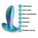 A metallic blue Voyager Smooth Vibrating Butt Plug & Prostate Massager by Blush is shown along with text highlighting its features: 10 vibrating functions, 5 speeds and patterns, platinum-cured silicone, AnchorTech base, USB rechargeable, easy to clean, hypoallergenic, and body-safe.