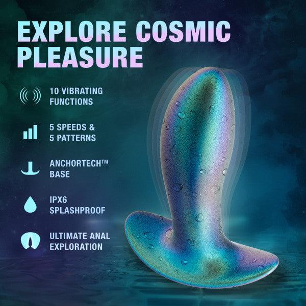 The Voyager Smooth Vibrating Butt Plug & Prostate Massager by Blush is a vibrant, shimmering silicone anal toy designed to deliver cosmic pleasure. It boasts 10 vibrating functions and 5 speed and pattern settings. Equipped with the AnchorTech™ base and IPX6 splashproof rating, it's perfect for comprehensive anal exploration. Set against a cosmic background, this prostate-stimulating vibe promises to elevate your experience.