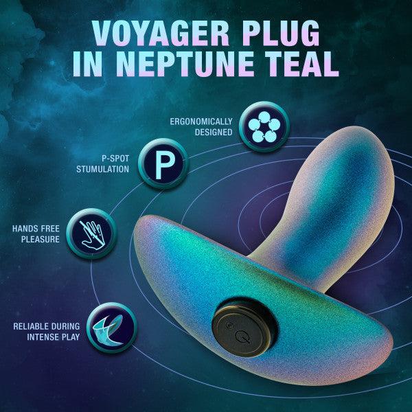 Experience the Voyager Smooth Vibrating Butt Plug & Prostate Massager by Blush, a silicone anal toy in Neptune Teal that guarantees reliable pleasure with its ergonomic design. Designed for P-spot stimulation and hands-free enjoyment, this visually stunning prostate massager stands out against a cosmic backdrop, ensuring intense satisfaction during play.
