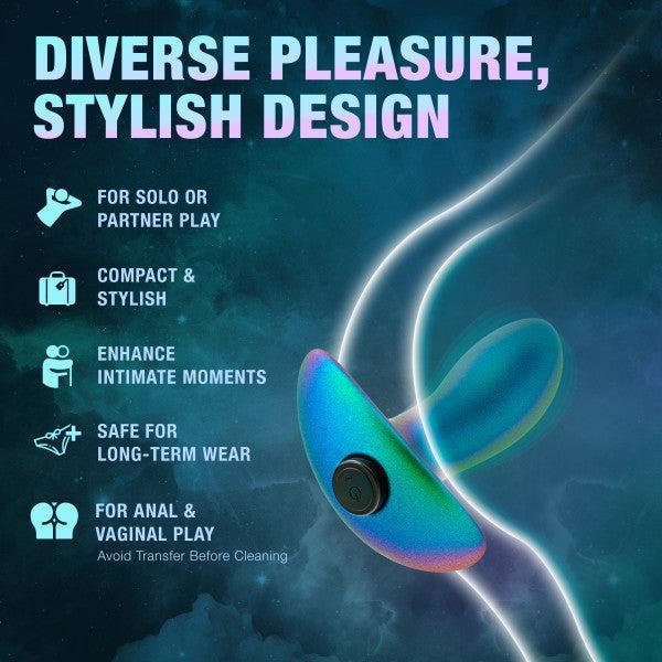 The image features the Voyager Smooth Vibrating Butt Plug & Prostate Massager by Blush, highlighting its sleek and compact silicone design with a stunning gradient finish. The accompanying text emphasizes its versatility for solo or partner use, ability to enhance intimate experiences, safety for extended wear, and suitability for both anal and vaginal application. The background sports a cosmic theme.