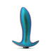 A Voyager Smooth Vibrating Butt Plug & Prostate Massager by Blush, featuring a metallic teal and blue gradient with a flared base, set against a white background.
