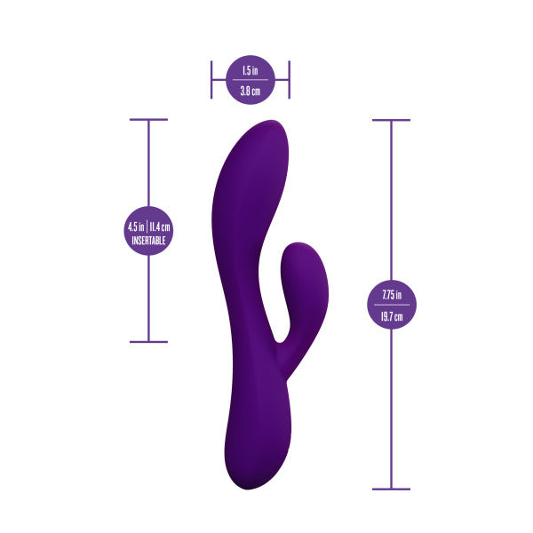 The Fever Dream Beginner G-Spot Rabbit Vibrator is a purple, dual-ended, beginner-friendly toy with labeled dimension lines: 1.5 in (3.8 cm) wide, 4.5 in (11.4 cm) insertable length, and 7.75 in (19.7 cm) total length.