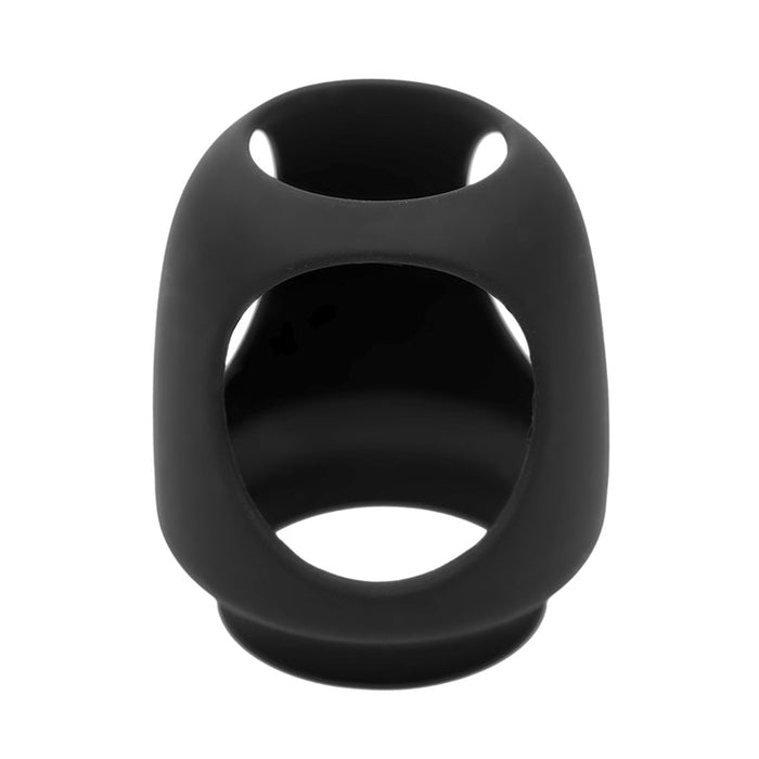The Wand Essentials Silicone Strap Cap Wand Harness for Dildos is a black premium silicone ring with large oval side cutouts and a smooth, rounded exterior, ideal as a wand strap-on attachment. Shown against a plain white background.