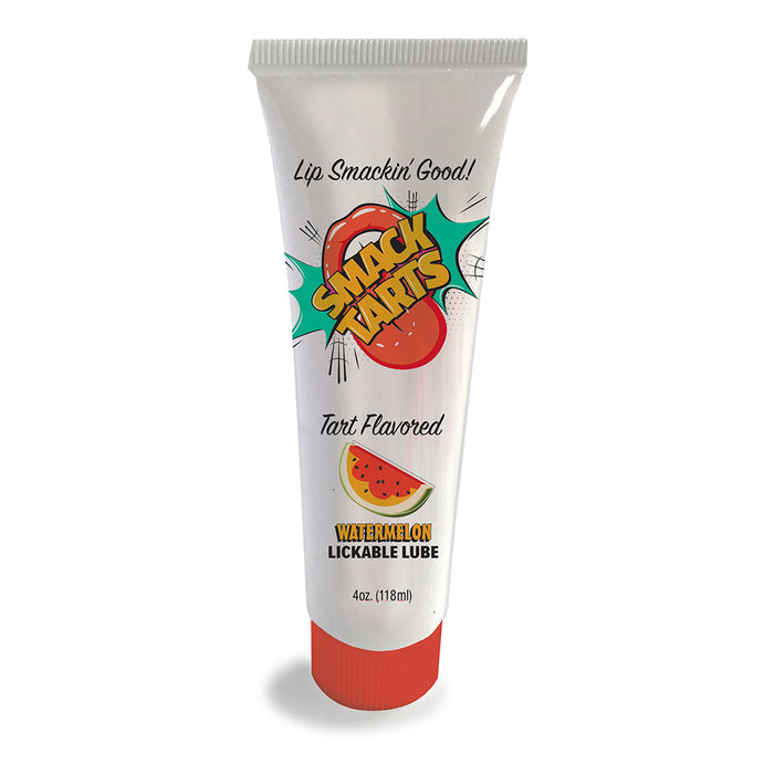 A white tube labeled "SMACK Tarts Lickable Sour Lubricant" features a cartoon mouth and watermelon slice with text reading "Lip Smackin' Good!", "Tart Flavored", and "Watermelon, 4 oz. (118 ml)." Available in 5 flavors.