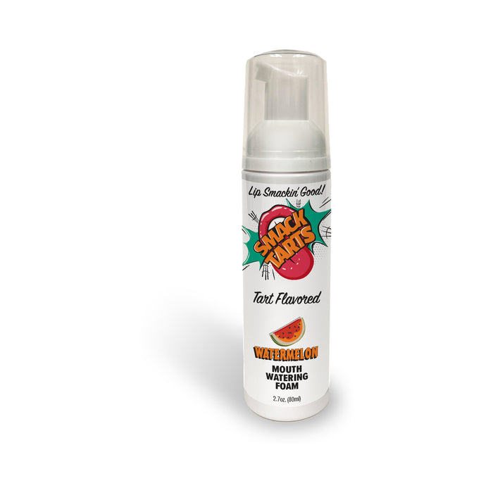 A white bottle of SMACK Tarts Mouthwatering Sour Foam, 2.7 oz, with a pump dispenser and colorful watermelon-themed label—perfect as a playful foaming oral lubricant. Available in 6 flavors.