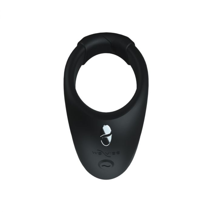The We-Vibe Bond Vibrating App Controlled Couples Ring, a black silicone ring with a button and small wave logo for powerful vibration, is shown against a white background.