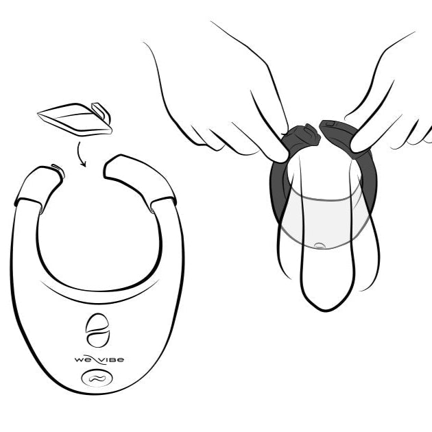 Black and white illustration depicts the We-Vibe Bond Vibrating App Controlled Couples Ring—one image of the device, another showing hands placing it on a person’s tongue, plus an opened battery compartment.