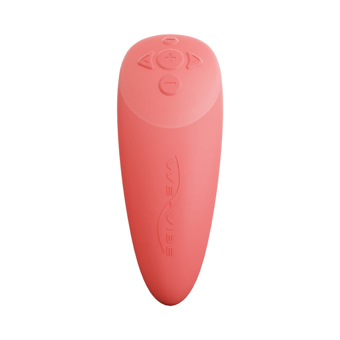 The We-Vibe Chorus Remote & App Controlled Couples' Vibrator in coral is a pink, oval silicone device featuring three control buttons and the "We-Vibe" logo, shown against a white background.