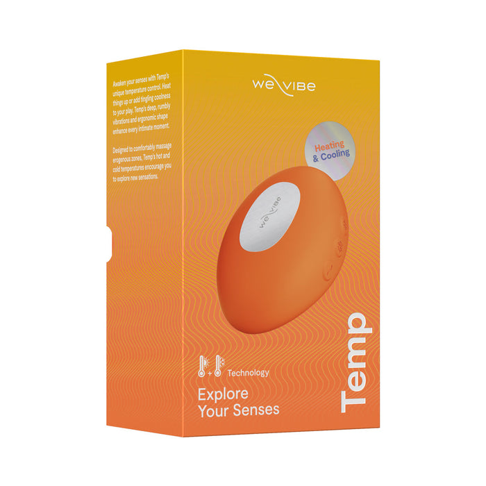 An orange box displays the We-Vibe Temp Lay On Vibrator with Hot and Cold Functions, an oval orange vibrator with buttons, featuring text about its heating and cooling technology and the phrase "Explore Your Senses.