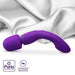 A purple Wellness Dual Sense Double Ended Ergonomic Waterproof Wand by Blush is displayed against a soft, white satin fabric background. The image shows branding icons indicating "Puria Revolutionary Silicone," "Ultrasilk Smooth," and highlights its features as a waterproof sex toy for versatile use.
