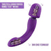 The Wellness Dual Sense Double Ended Ergonomic Waterproof Wand by Blush is a purple G-spot wand featuring tungsten and carbon powered Rumble Tech motors with Skin Sense technology. The toy has a curved design with apparent internal mechanics, and labels highlighting the motors and technology are positioned in the top left and bottom right corners.