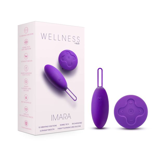 A purple vibrating egg labeled "Wellness Imara Wearable Vibrating Egg with Remote - Purple" by Blush is displayed alongside its wireless remote control. The product packaging showcases identical items and highlights features such as 10 vibration modes, a silicone body, and a waterproof, USB-rechargeable design.