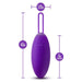 The Blush Wellness Imara Wearable Vibrating Egg with Remote in Purple features a 4.5-inch length, an insertable length of 3 inches, and a width of 1.25 inches. It includes a loop at the top and has a wireless signal icon on the front. This personal massager offers 10 different vibration modes and is equipped with a convenient wireless remote control for effortless operation.