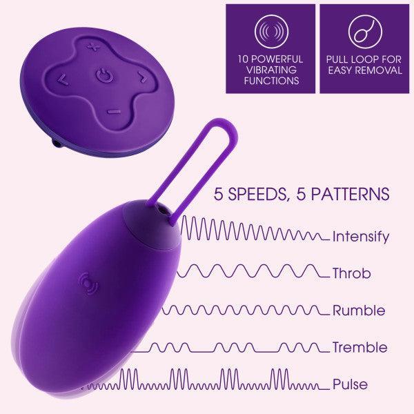 Here's an image of the Wellness Imara Wearable Vibrating Egg with Remote by Blush in striking purple. Designed for convenience, it features a wireless remote control and a pull loop for effortless removal. The image showcases its impressive array of 10 powerful vibrating functions and 5 speed patterns—Intensify, Throb, Rumble, Tremble, and Pulse—each displayed as waveforms. Plus, it's fully waterproof for added versatility.