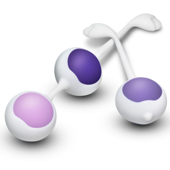 A 3D illustration of a water molecule (H2O), with two hydrogen atoms (white) bonded to a central oxygen atom (purple) designed for pelvic floor strengthening using the Wellness Kegel Ball Training Kit for Pelvic Floor Health from Blush.