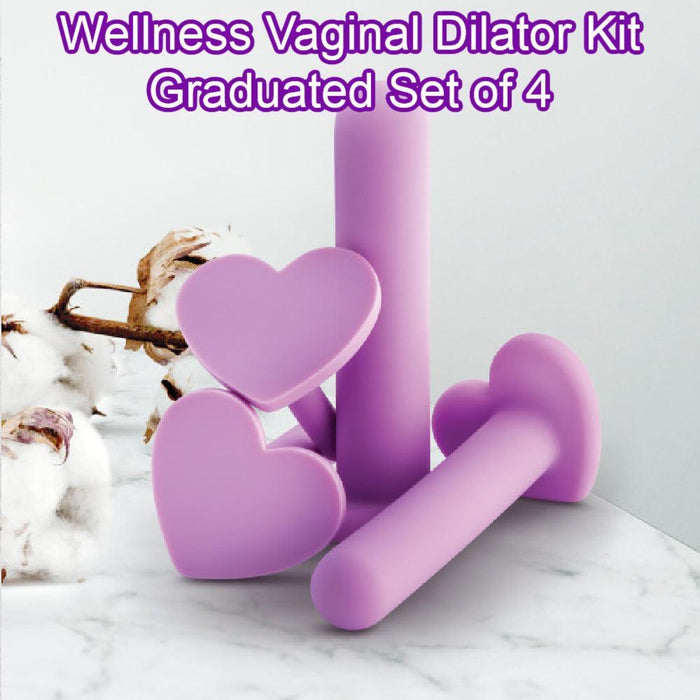 A set of four Blush Wellness Vaginal Dilator Kit Graduated Set of 4, featuring heart-shaped bases, is displayed on a white surface. The product name "Wellness Vaginal Dilator Kit Graduated Set of 4" is written in purple at the top. Crafted from body-safe silicone, the background showcases soothing cotton plant elements.