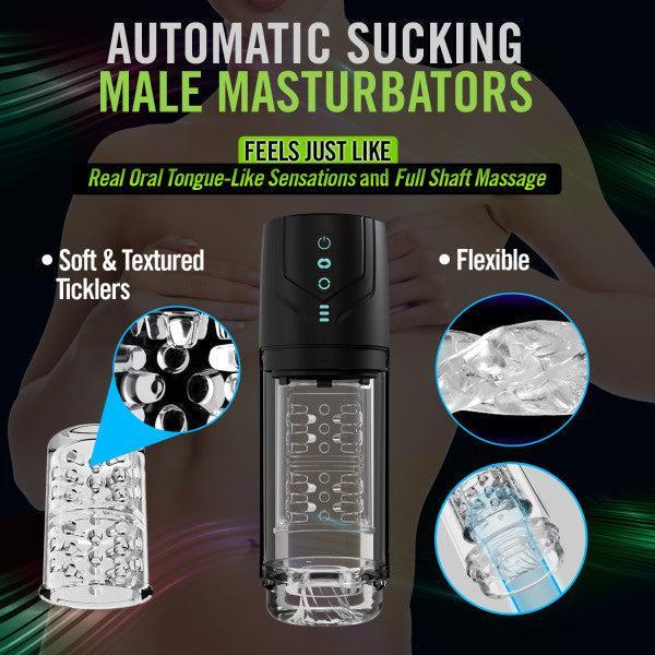 Image showing the Whirlwind Pro Rotating, Sucking, Automatic Stroker by Blush. This device boasts intense suction power and features soft, textured ticklers. It is noted for its flexibility, offering real oral tongue-like sensations, full shaft massage, and 360° rotation technology for a comprehensive experience. In the background, someone is blurred with their hands over their chest.