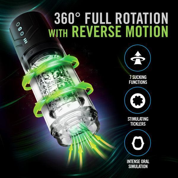 An image of the "Whirlwind Pro Rotating, Sucking, Automatic Stroker" by Blush with features listed around it. Text on the image reads "360° FULL ROTATION WITH REVERSE MOTION," and highlights "7 SUCKING FUNCTIONS," "STIMULATING TICKLERS," and "INTENSE ORAL SIMULATION." Green arrows and accents emphasize the 360° rotation technology. Waterproof.