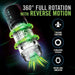 An image of the "Whirlwind Pro Rotating, Sucking, Automatic Stroker" by Blush with features listed around it. Text on the image reads "360° FULL ROTATION WITH REVERSE MOTION," and highlights "7 SUCKING FUNCTIONS," "STIMULATING TICKLERS," and "INTENSE ORAL SIMULATION." Green arrows and accents emphasize the 360° rotation technology. Waterproof.