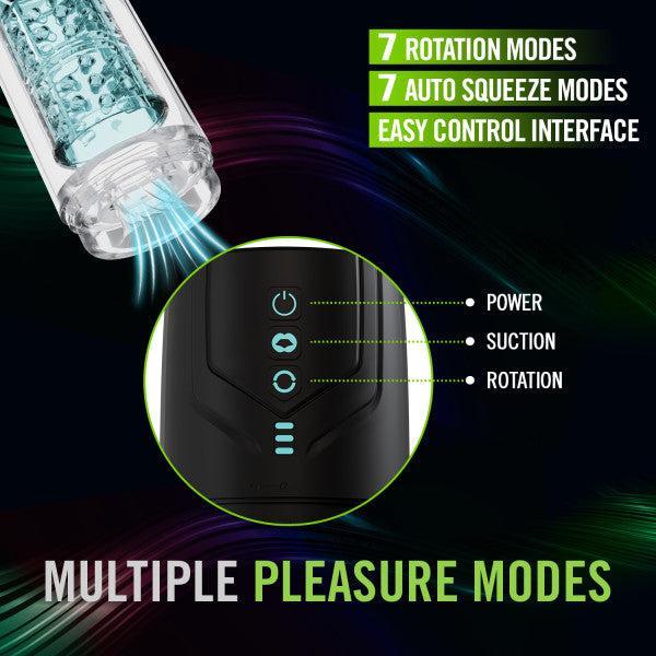 Image of the Whirlwind Pro Rotating, Sucking, Automatic Stroker by Blush with the text "7 rotation modes, 7 auto squeeze modes, easy control interface" and "multiple pleasure modes." The device features buttons labeled for power, suction, and rotation with a waterproof design, intense suction power, and 360° rotation technology. The device has a transparent section with blue accents.