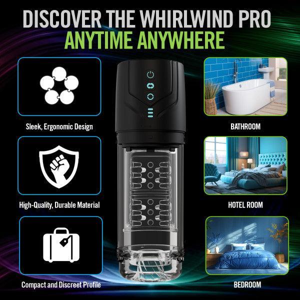 A promotional image for the Blush Whirlwind Pro Rotating, Sucking, Automatic Stroker showcases a sleek, black and transparent cylindrical device. Text highlights its ergonomic design, 360° rotation technology, and compact profile. Images depict its durability and waterproof nature in the bathroom, hotel room, and bedroom.