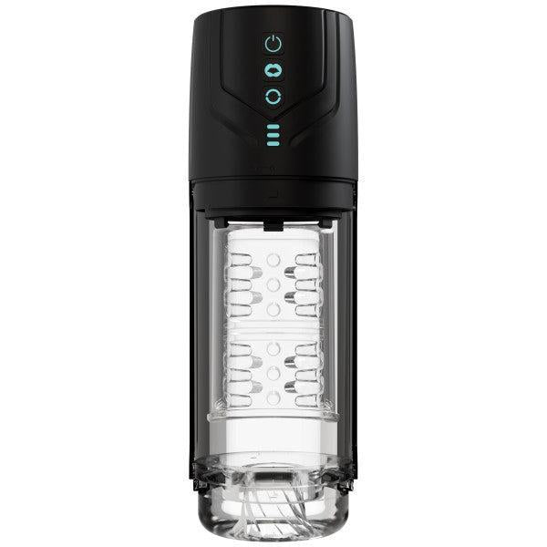 The Whirlwind Pro Rotating, Sucking, Automatic Stroker by Blush is a sleek and transparent cylindrical device in black, adorned with multiple small vertical holes. Its top section includes a power button illuminated with blue icons and delivers intense suction power.