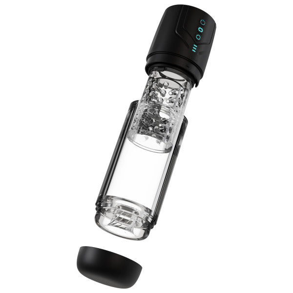 The Whirlwind Pro Rotating, Sucking, Automatic Stroker by Blush is a transparent, cylinder-shaped device with a black cap and base featuring an intricate internal structure. The detachable top black section is aligned above it, showcasing its intense suction power for exceptional performance.