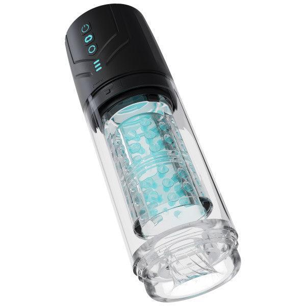 The Whirlwind Pro Rotating, Sucking, Automatic Stroker by Blush is a high-tech gadget featuring a clear cylindrical design with a black top. Inside, it contains a series of small blue beads. The top portion is equipped with glowing indicators and advanced 360° rotation technology.