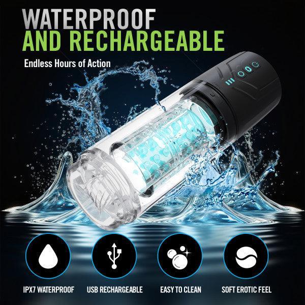 The Whirlwind Pro Rotating, Sucking, Automatic Stroker by Blush is a sleek black and transparent cylindrical gadget designed for endless hours of action with intense suction power. It is waterproof (IPX7), USB rechargeable, easy to clean, and features a soft erotic feel.