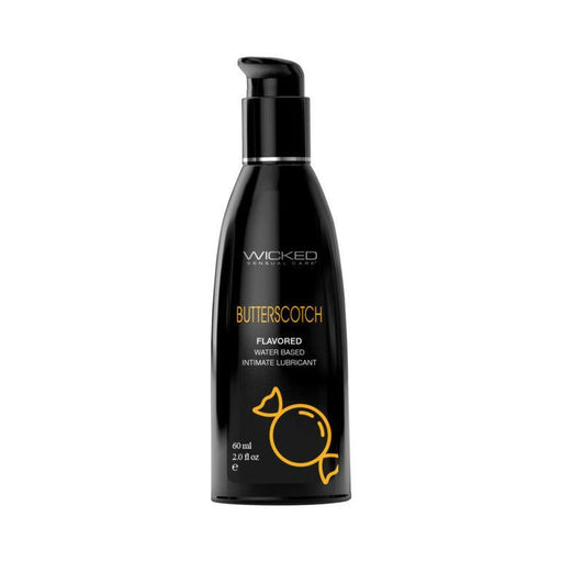 A black bottle of Wicked Aqua Butterscotch Flavored Water Based Lubricant from Wicked Lubes, featuring a pump dispenser. The label highlights that the 60 ml (2.0 fl oz) vegan, paraben-free lubricant is water-based and displays a candy icon beneath the flavor name.