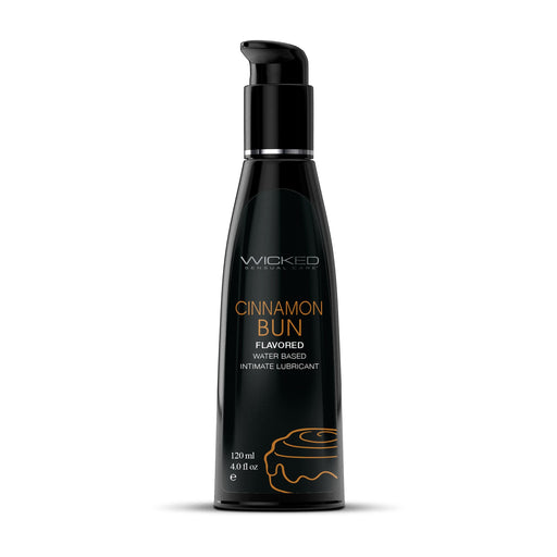 A black bottle of Wicked Aqua Cinnamon Bun Flavored Water-Based Lubricant 4 oz by Wicked Lubes features a label showcasing the product name and a stylized cinnamon bun graphic. With a pump dispenser for easy use, this long-lasting 120 ml (4 fl oz) lubricant enhances your intimate moments.