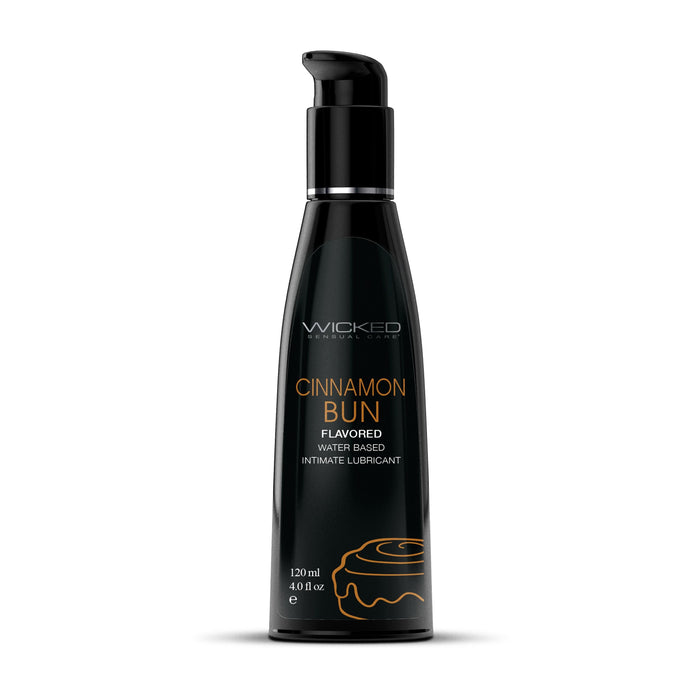A black bottle of Wicked Aqua Cinnamon Bun Flavored Water-Based Lubricant 4 oz by Wicked Lubes features a label showcasing the product name and a stylized cinnamon bun graphic. With a pump dispenser for easy use, this long-lasting 120 ml (4 fl oz) lubricant enhances your intimate moments.