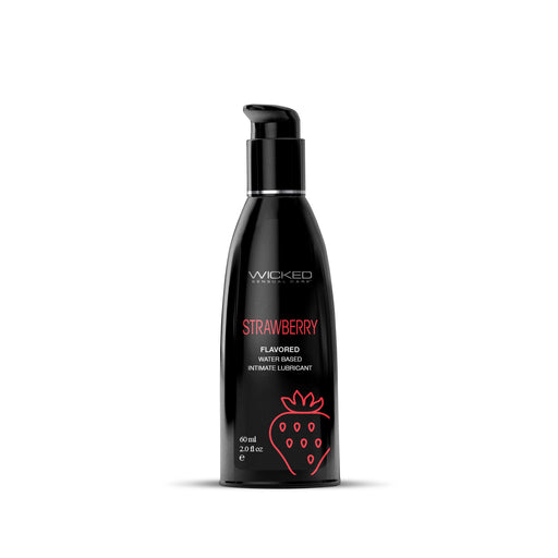 A 2.0 oz bottle of Wicked Lubes' Wicked Aqua Strawberry Flavored Water-Based Lubricant. The black bottle displays a red strawberry graphic with text on the front and includes a convenient flip-top cap, offering 60 ml of delectable intimacy.