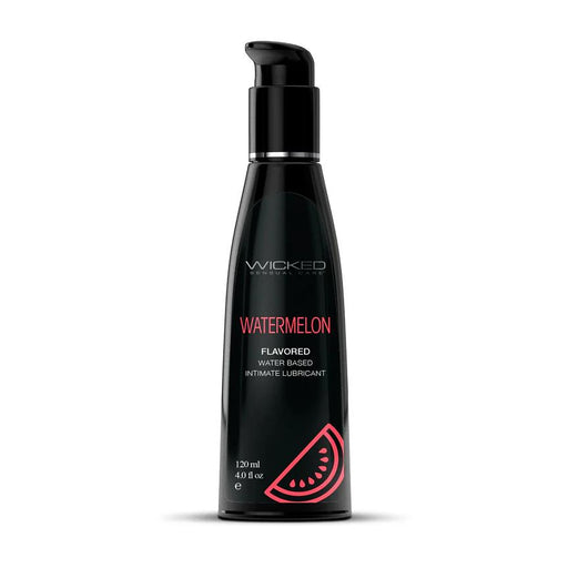 A black bottle of Wicked Aqua Watermelon Flavored Water Based Lubricant, 4 oz, features red text and a stylized watermelon slice graphic on the lower right. This paraben-free, water-based lube comes with a convenient pump dispenser.
