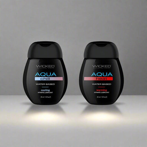 The Wicked Sensual Care Sensation Kit from Wicked Lubes offers an intriguing experience with its two 1.5 oz bottles of intimate lubricants: "Wicked Aqua Chill," highlighted by blue accents for a cooling sensation, and "Wicked Aqua Heat," accented in red to ignite warming sensations. Each bottle promises an adventurous experience with natural extracts.