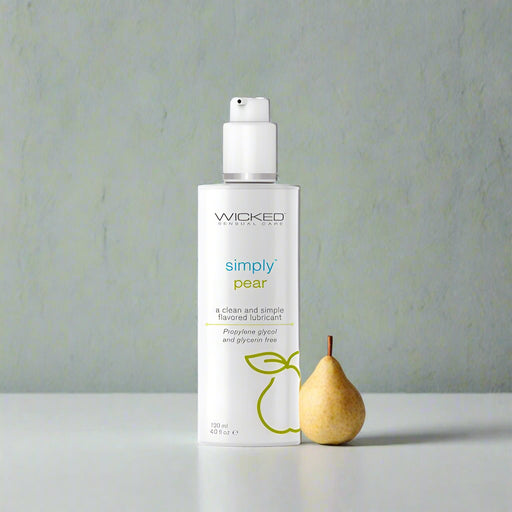 A bottle of Wicked Lubes' "Wicked Simply Pear Flavored Water Based Lubricant 4 oz." The sleek white bottle with a pump top features green accents, including a minimalistic pear outline. The label emphasizes that this water-based lubricant is free from propylene glycol and glycerin, providing a clean and paraben-free formula.