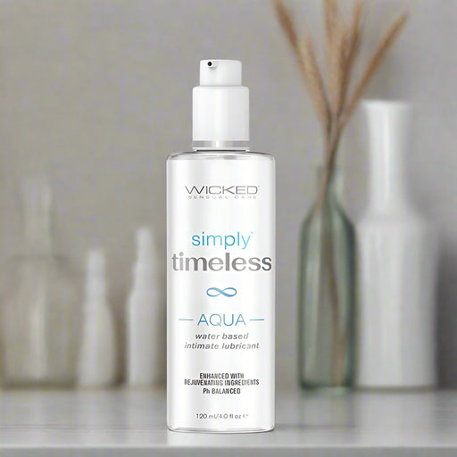A clear pump bottle of Wicked Lubes' Wicked Simply Timeless Aqua Lubricant, a water-based lube marketed as pH-balanced with rejuvenating ingredients. Ideal for intimate encounters, the 120 ml (4 oz) bottle ensures a long-lasting glide.